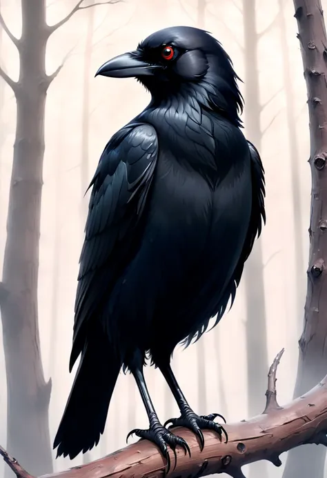 a crow on a bare tree in the misty forest,black feathers,glossy texture,sharp and piercing eyes,feathers ruffling in the wind,om...