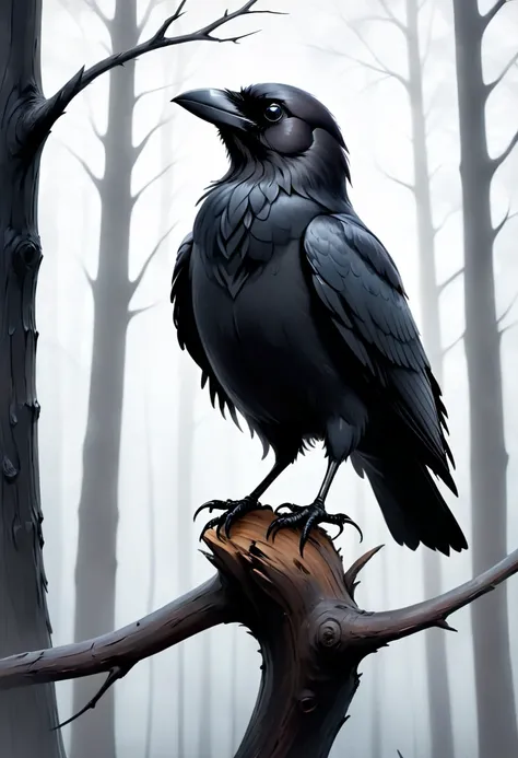 a crow on a bare tree in the misty forest,black feathers,glossy texture,sharp and piercing eyes,feathers ruffling in the wind,om...