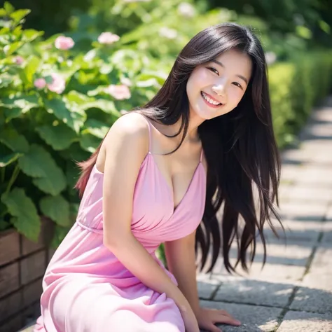 Young beautiful Asian woman with long black hair smiling in summer in pink dress