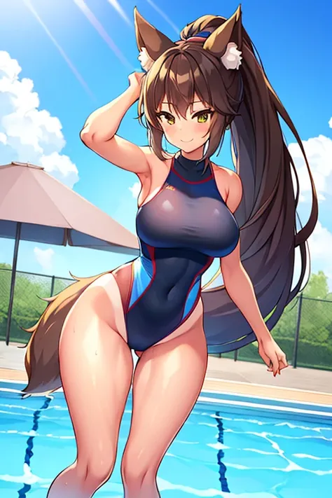 amy, ponytail, bangs, long hair, fox ears, fox tail, thick thighs, breasts, 1girl, wide hips, smile, ponytail, tan, one-piece swimsuit, black one-piece swimsuit, competition swimsuit, blue trim, pool, poolside, happy