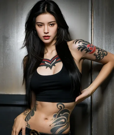 (best quality,height:1.2),very detailed,half body photo: 1.4,(realistic:1.37),(soft light),(1 girl),abandoned,from the front,raise hips,(detailed face),(tattoo),Lock the heart of a thief,golden eyes,black hair,long hair.
