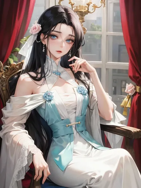 Anime girl with long pink hair cascading down her shoulders, gracefully seated on a chair, cradling a fragile rose between her slender fingers. Her delicate features, androgynous yet undeniably beautiful, exude an aura of serenity and elegance.

Beside her...