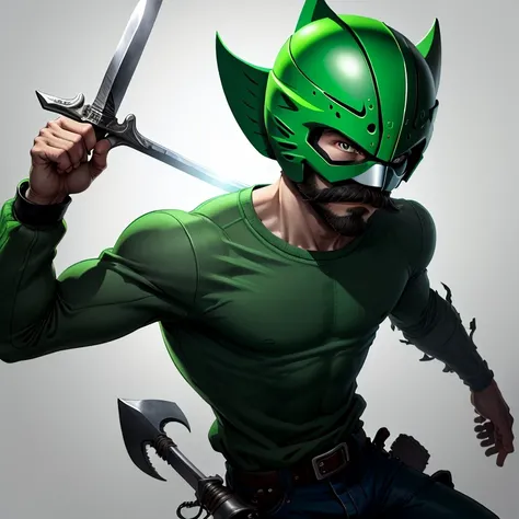 Two-dimensional boy with mustache in green sweatshirt and white mask holding a silver sword