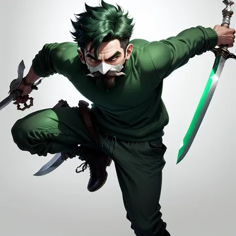 Two-dimensional boy with mustache in green sweatshirt and white mask holding a silver sword