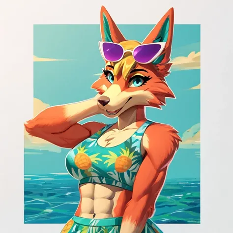 a digital artwork of audie with abs wearing a crop top of her  default turquoise and pineapple print dress  with turquoise and pineapple printskirt, a bare midriff and a bare navel , digital art, ((perfect face)), ((best quality)), ((masterpiece)), she has...