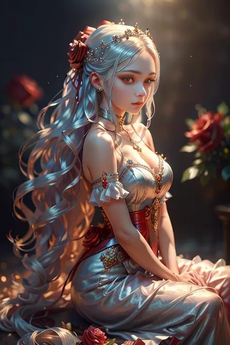 A young woman with very long hair with two silver tails, , white dress, (detailed eyes, eye correction, red eyes), garden of red crystal roses, ((More red crystal roses)), posing sitting for a photo, (Delicate images), (Photorealistic: 1.4), (Highly detail...