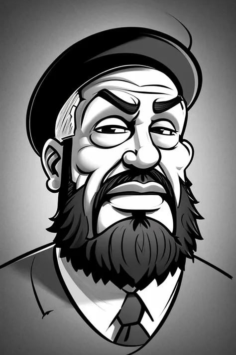 12B pencil drawing, 4k, best quality, professional sketch, black and white drawing, drawing of a man with a beard and hat, caricature style, cartoon shading, CARTOON ARTstyle, professional sketch, cartoon portrait, caricature illustration , stylized portra...