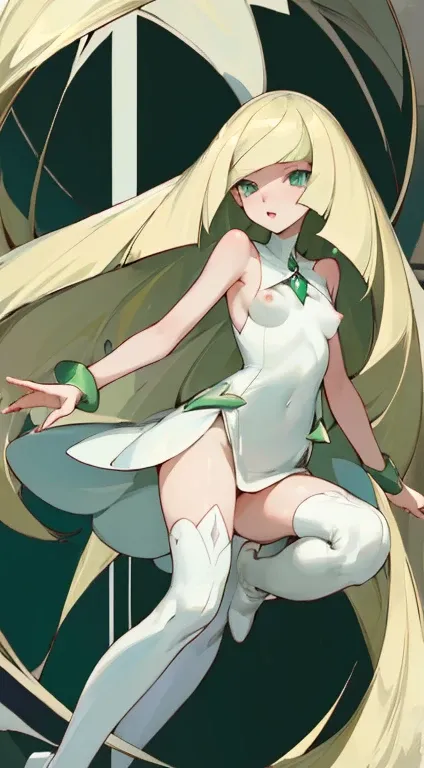 ((highest quality)), ((masterpiece)), (be familiar with), perfect face,{nsfw},Lusamine,long blonde hair,small breasts,pointed nipples,adult women,green eyes,Pokémon-like,White sleeveless dress,Knee-high boots,Green Pendant,Bewitching