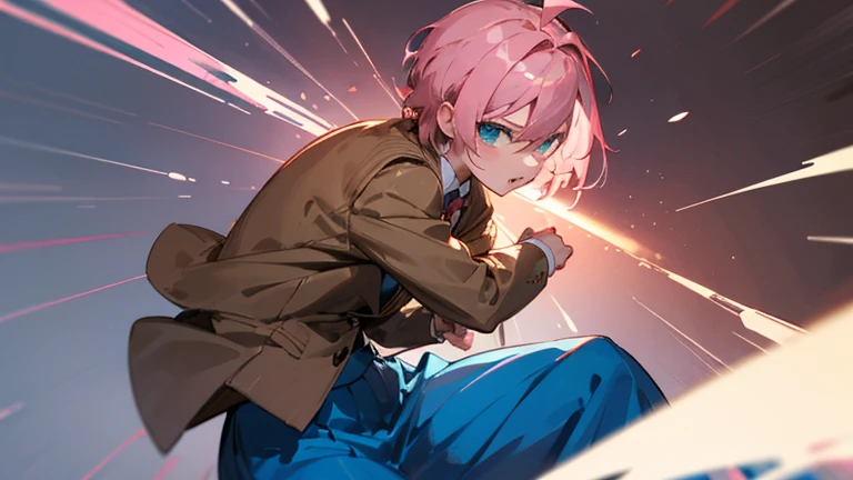 Natsuki, Doki Doki Literature Club, pink hair short hair, blazer, brown sweater, blue skirt, long skirt, fighting style, Heroic, looking for viewer 
((Home_background))