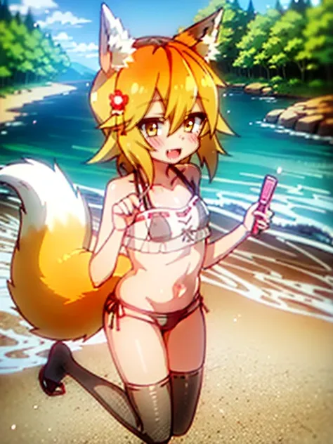 Create character artwork, Senko-san, umbigo exposto, barriga exposta, seios muito grandes, na praia, wearing a black bra, coxas macias.