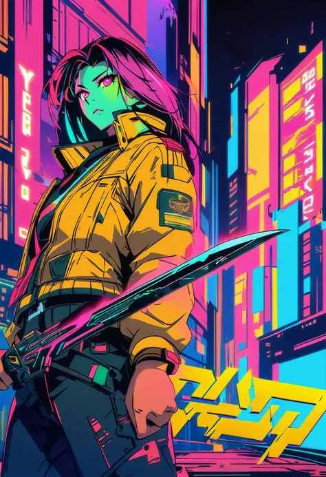 anime poster of a man in a yellow jacket holding a sword, cyberpunk anime art, modern cyberpunk anime, digital cyberpunk anime art, anime cyberpunk art, anime cyberpunk, digital cyberpunk - anime art, cyberpunk art style, cyberpunk blade runner art, neo to...