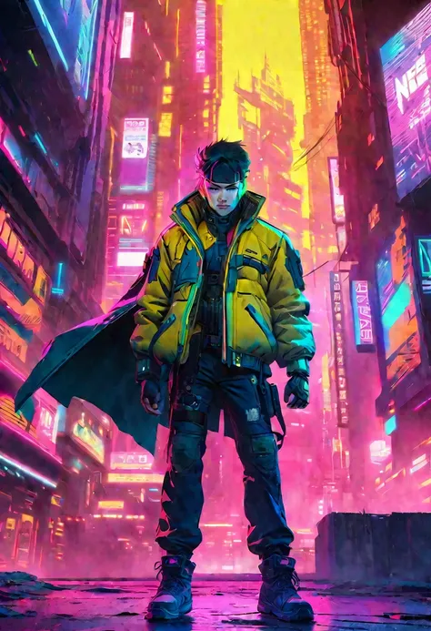 anime poster of a man in a yellow jacket holding a sword, cyberpunk anime art, modern cyberpunk anime, digital cyberpunk anime art, anime cyberpunk art, anime cyberpunk, digital cyberpunk - anime art, cyberpunk art style, cyberpunk blade runner art, neo to...