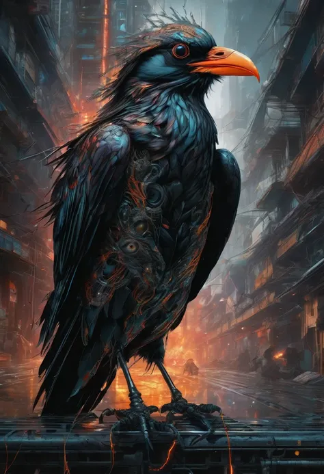 A masterful artistic digital rendering of a sinister cybernetic crow made from sparks and fire by Simon Prades, h.r giger, russ mills, Shaun Ryken, celestial, UHD, 8k resolution, fantasy editorial art, complex and hyperdetailed, beautiful composition, a mo...