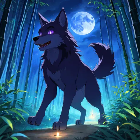 Silent night, quiet bamboo forest, bamboo leaves falling with the wind, full moon in the sky, fireflies flying, male werewolf, black fur with purple eyes, blue lightning aura, full body, 3D Image 