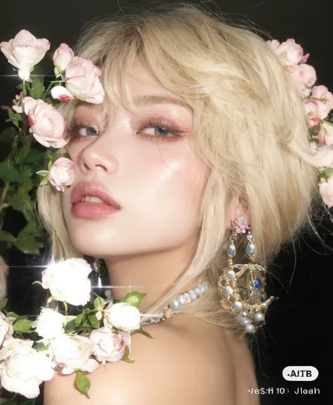 blond woman with flowers in her hair and a necklace around her neck, portrait of kim petras, with flowers, huge earrings and que...