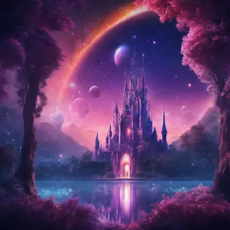 (highres,masterpiece:1.2),ultra-detailed,realistic,enchanted elven castle,high turrets,hanging gardens,tall centuries-old trees,beautiful detailed gardens,breathtaking rose-violet shades,serene blue hues,pinkish-orange clouds