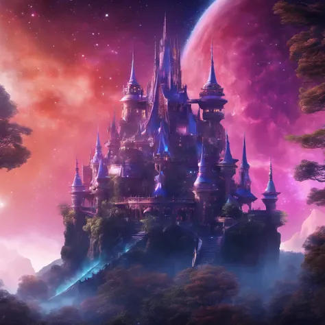 (highres,masterpiece:1.2),ultra-detailed,realistic,enchanted elven castle,high turrets,hanging gardens,tall centuries-old trees,beautiful detailed gardens,breathtaking rose-violet shades,serene blue hues,pinkish-orange clouds