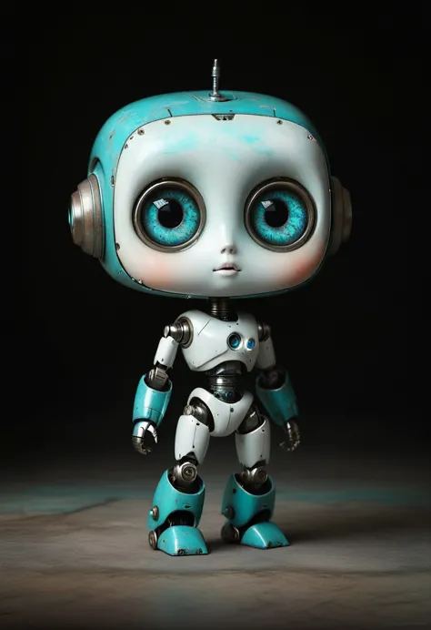 full length view. little funny robot, porcelain face and head, big turquoise eyes, perfect eyes in the best quality. perfect bod...