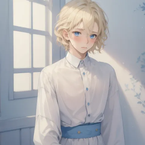 ((masterpiece:1.2, Best quality)), 4K, молодой boy, 1 person, alone in the frame, man, boy, short, Short blond hair, soft wavy hair, Blue eyes, modest, shy, blush, Casual wear, modernity