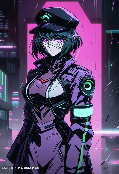 anime, a woman in a purple coat and a black hat in the rain, ghost in the shell art style, ghost in the shell, ghost-in-the-shell, gits, in the anime ghost in the shell, cyberpunk anime art, ghost in the shell style, ghost in the shell color scheme, gits a...