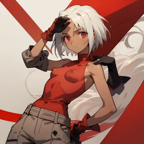 ((highest quality)), ((masterpiece)), (be familiar with), CANAAN, 1 girl, alone, silver hair,brown skin,red eyes,long pants,red sleeveless,Clothes with a visible back, Slender,slender,short hair,small breasts, erect nipples, gloves, put your hand on your w...