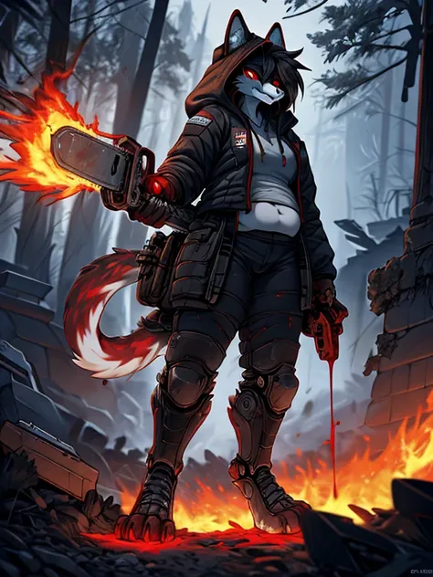 Absurd, A high resolution, ultra detailed,
1 girl,oversized hooded jacket,whole body,
holding mechanical chainsaw, Female furry demon cat+red eyes, black hair with reddish-scarlet tips of hair tall, slightly chubby+ in black knights armor face drenched in ...