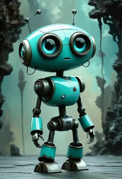 full length view. little funny robot, porcelain face and head, big turquoise eyes, perfect eyes in the best quality. perfect bod...