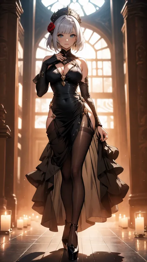 ((masterpiece, high resolution, best quality, best details, anime)), jewelry, beautiful sexy woman in a black sexy evening dress, ((sexy evening dress)), ((black pantyhose)), light green eyes, silver hair, short hair, smooth skin, cleavage, ((extremely slu...