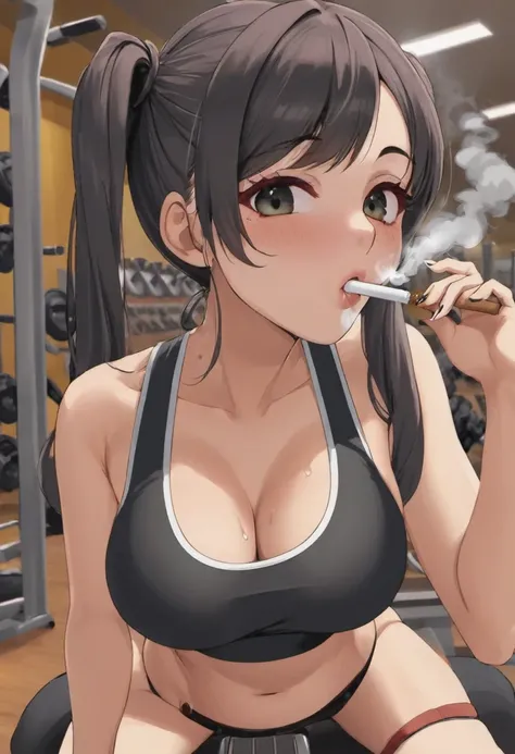 a goth girl smoking cigarettes rapidly while masturbating, the cigarette ash is very long, sucking very hard on the cigarette, gym girl, pain, agony, busty, pigtails,