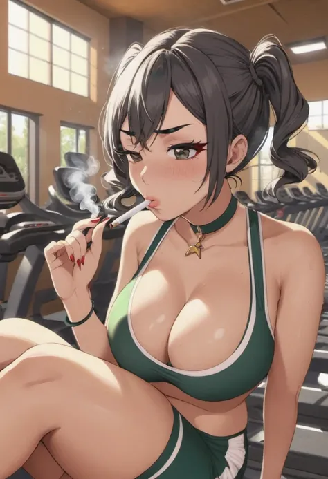 a goth girl smoking cigarettes rapidly while masturbating, the cigarette ash is very long, sucking very hard on the cigarette, gym girl, pain, agony, busty, pigtails,