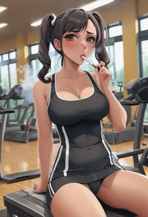 a goth girl smoking cigarettes rapidly while masturbating, the cigarette ash is very long, sucking very hard on the cigarette, gym girl, pain, agony, busty, pigtails,