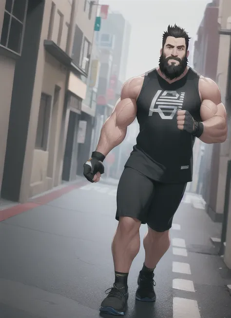 full body (muscular:1.4) (massive:1.4) (obse:0.7) athlete walking at street, sleeveless shirt, beard, octane render, Insanely Detailed 8k