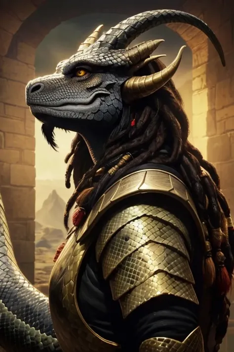 The best image of dragonborn with black scales, the face of a snake, dreadlock hair, golden eyes, mediun horns in the backhead, a long tail, who looks like a humanoid dragon.