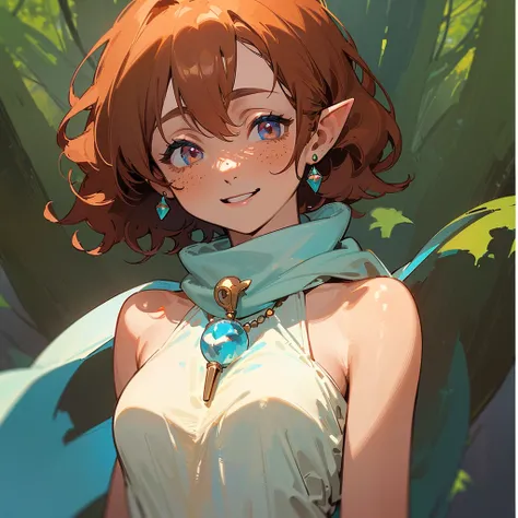 ((Masterpiece: 1.5, best quality, high resolution: 1.3, super resolution, super detailed, ultra detailed: 1.3, rich background: 1.2, Perfect Anatomy:1.5, 1 woman) tanned skin + strawberry hair + short curly hair + eyes light blue + female figure + freckles...