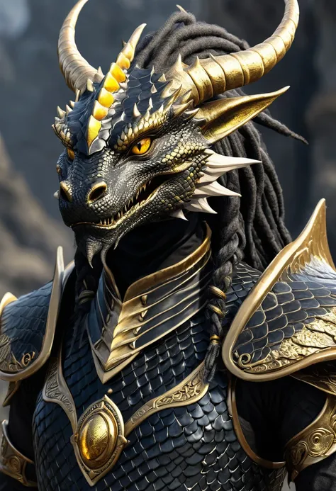 The best image of a mage dragonborn with black scales, the face of a dragon, dreadlock hair made of scales, golden eyes, large horns in the backhead, a long tail, who looks like a humanoid dragon.