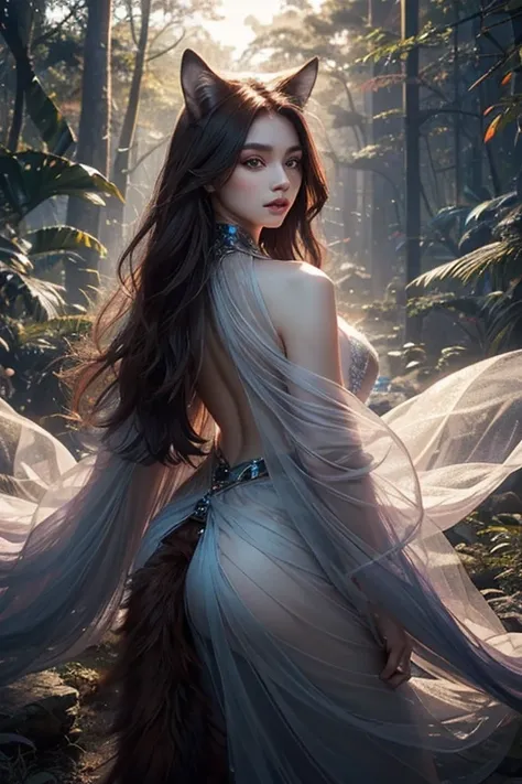 Intriguing fox/female human hybrid spirit with mesmerizing eyes, ethereal beauty, and an air of mystique. Delicate transparent fur with layered patterns cascade in rich hues while the tails gracefully sway. Captivating forest background with enchanting lig...