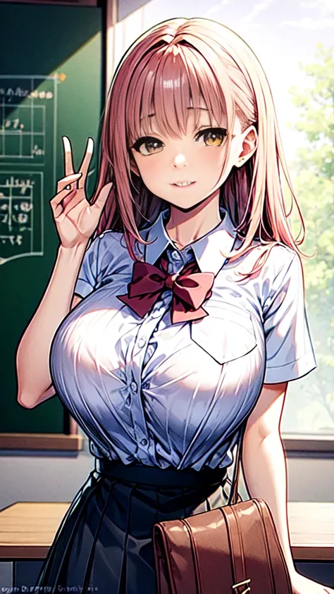 ((best quality)), ((masterpiece)), (detailed), perfect face, JK, School girl, , classroom, blush, yellow eyes, pink hair, white shirt, skirt, breast