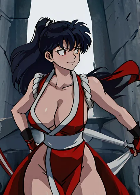 masterpiece, best quality, Kagome Higurashi, 25 years old, large breasts, cleavage, very busty, big hips, She stands tall while wearing a red Kunoichi dress, pelvic curtain, arm guards and gloves. shes looking directly at the camera with an confident smirk...