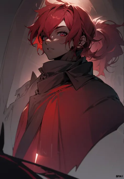 (a boy with darkened red hair, blindfolded eyes, highly detailed, emitting a dark aura, dressed in a black cloak, Anime boy, high quality, 8k)

(best quality, 8k, ultra-detailed, realistic:1.37), dark atmosphere, black background, intense shading, vibrant ...