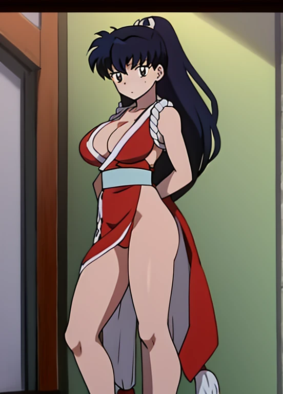 masterpiece, best quality, Kagome Higurashi, Mai Shiranui, 25 years old, kunoichi dress, large breasts, matured face, cleavage, big breast, very busty, big hips, full body view, athletic body, She stands tall while wearing a red Kunoichi dress, pelvic curt...