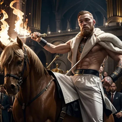 Conor McGregor qui tiens lépée Excalibur devant un royaume en feu