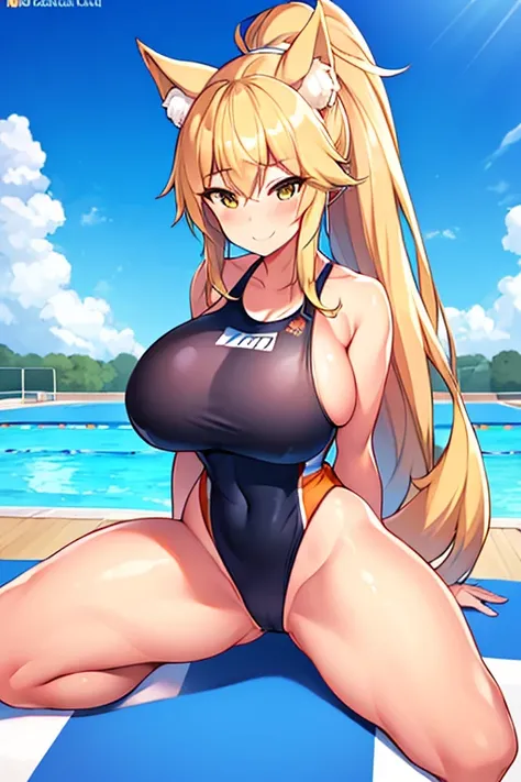 amy, ponytail, bangs, long hair, fox ears, fox tail, thick thighs, breasts, 1girl, wide hips, large breasts, blonde hair, smile, ponytail, tan, one-piece swimsuit, black one-piece swimsuit, competition swimsuit, blue trim, pool, poolside, happy