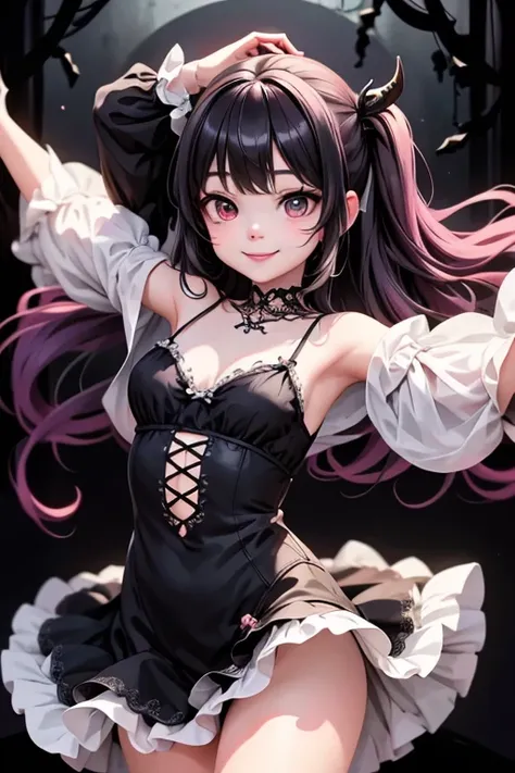 a cute demon girl smiling floating in the air, lace cloth gothic dress, at night, playful pose of a dancer, creepy, horror style