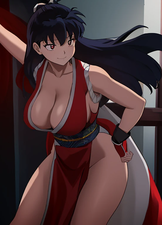 masterpiece, best quality, Kagome Higurashi, 25 years old, large breasts, cleavage, very busty, big hips, She stands tall while wearing a red Kunoichi dress, pelvic curtain, arm guards and gloves. shes looking directly at the camera with an confident smirk...