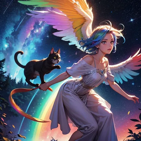 Show a world where there are winged cats with rainbow bodies. The sky is full of stars and galaxies. A roaring waterfall and tall trees.