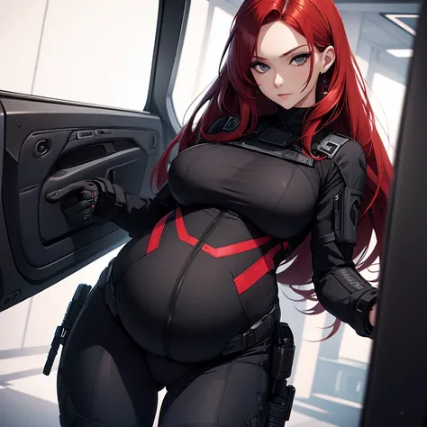 Sexy pregnant spy, red hair, beautiful detailed face, tight black tactical suit