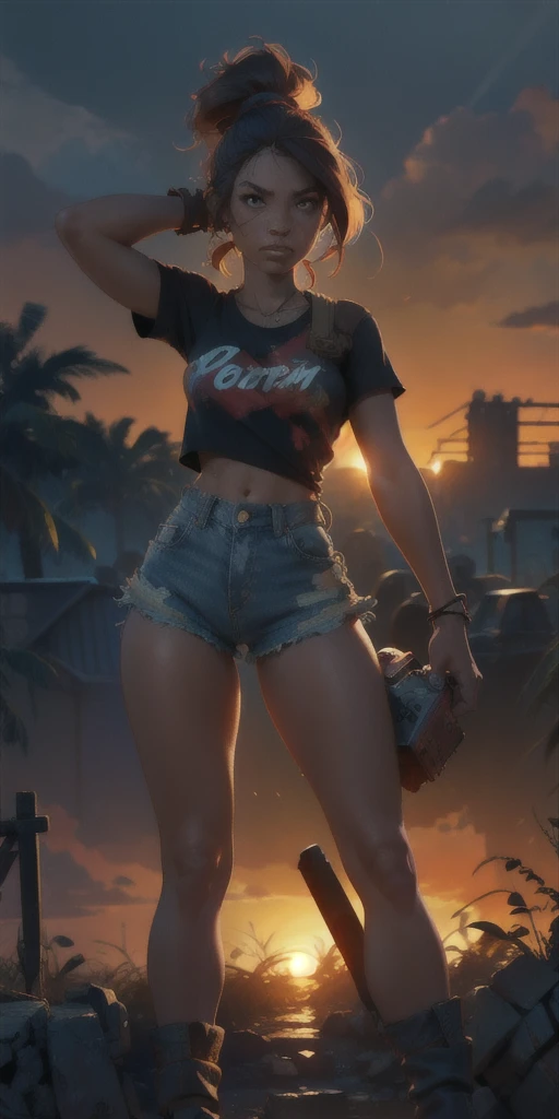 The Urban Ruins of the Wasteland, Female huntress picking fruit in the garden, torn shirt and denim shorts , sweating through, sun rising, Nice warm colors, The best volumetric lighting,