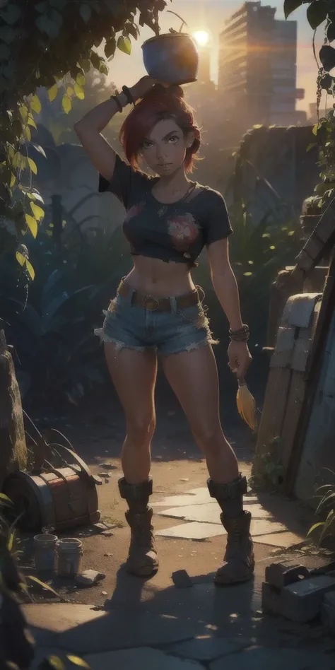 The Urban Ruins of the Wasteland, Female huntress picking fruit in the garden, torn shirt and denim shorts , sweating through, sun rising, Nice warm colors, The best volumetric lighting,