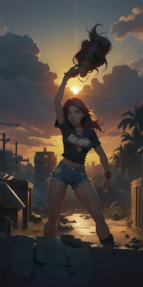 The Urban Ruins of the Wasteland, Female huntress picking fruit in the garden, torn shirt and denim shorts , sweating through, sun rising, Nice warm colors, The best volumetric lighting, Hyper Contrast, Ultra Hyper High Quality Textures