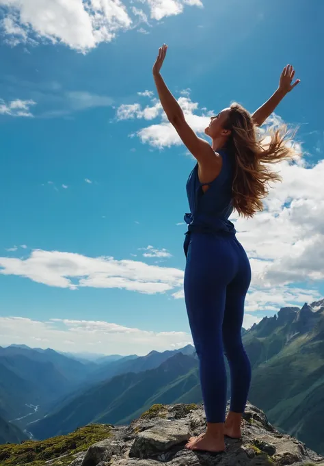 Generates an 8k UHD photograph of a woman on the top of a mountain with her arms extended towards the sky, a masterpiece